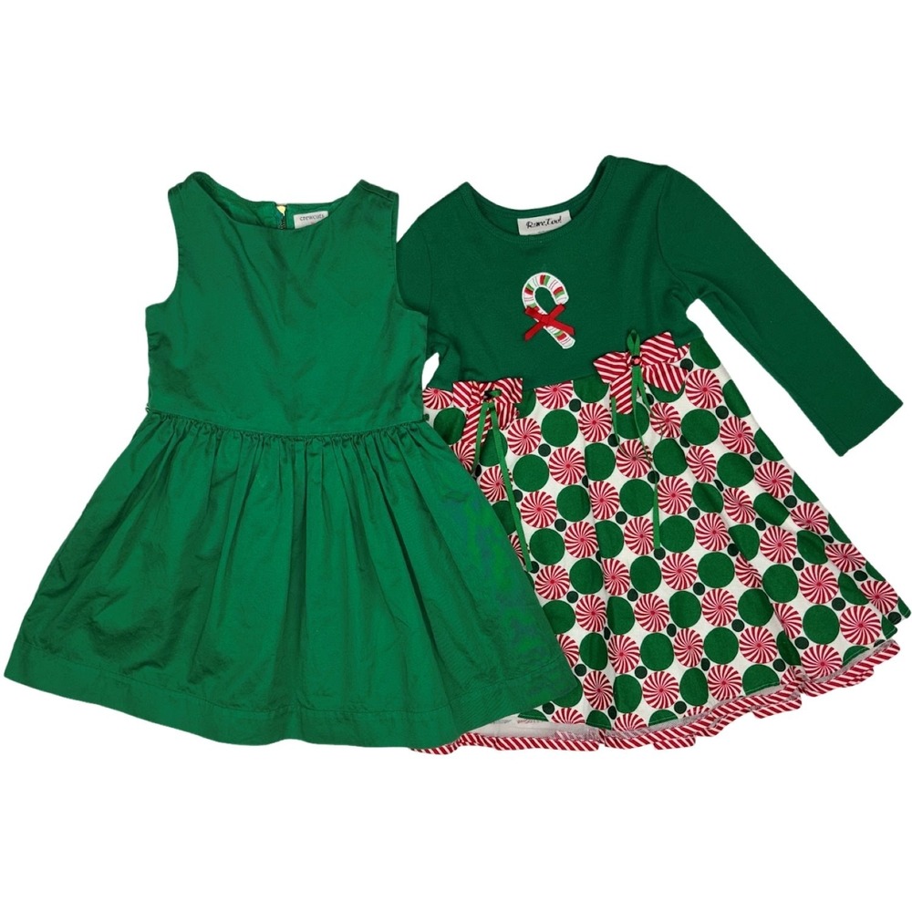 Rare Too!‎ Crew Cuts Toddler Girl 4T Holiday Dress Lot Candy Cane Solid Green